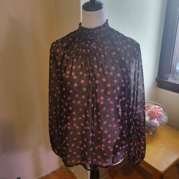 Elizabeth & James Black Floral Print Sheer Long Sleeves Blouse Size Small - Picture 1 of 8
